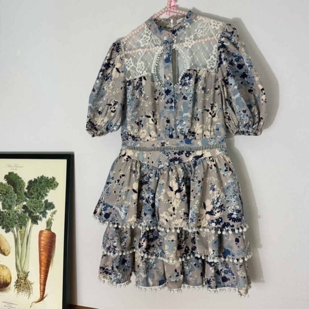 By Egreis gray floral poufy tiered dress with pompom trim size M